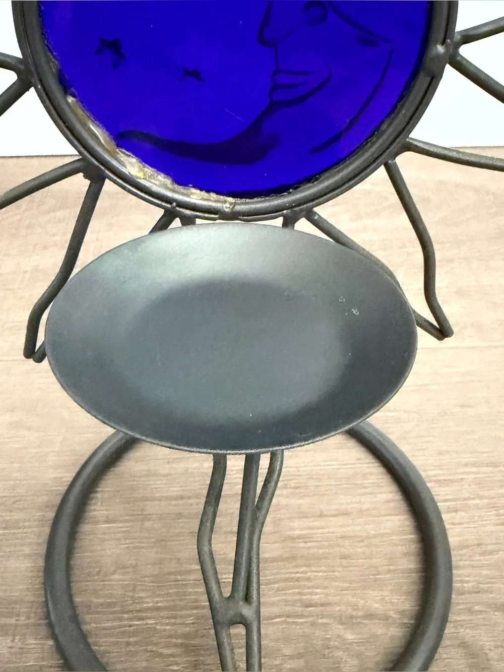 Vintage Blue Cobalt Glass Wrought Iron Candle Holder Celestial Moon Star Sky 11”